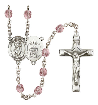 Silver Plated 6mm Fire Polished Saint Christopher / Air Force Rosary in Light Amethyst