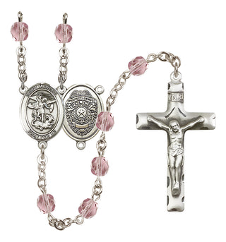 Silver Plated 6mm Fire Polished Saint Michael the Archangel/Policeman Rosary in Light Amethyst