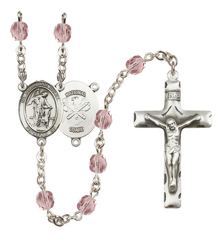 Silver Plated 6mm Fire Polished Guardian Angel / Nat'l Guard Rosary in Light Amethyst