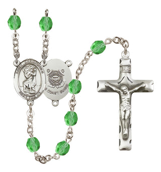 Silver Plated 6mm Fire Polished Saint Christopher / Coast Guard Rosary in Peridot