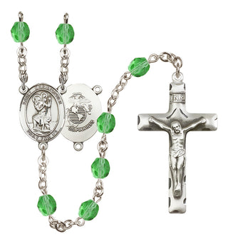 Silver Plated 6mm Fire Polished Saint Christopher / Marines Rosary in Peridot