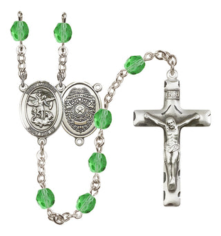 Silver Plated 6mm Fire Polished Saint Michael the Archangel/Policeman Rosary in Peridot