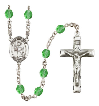 Silver Plated 6mm Fire Polished Saint Uriel the Archangel Rosary in Peridot
