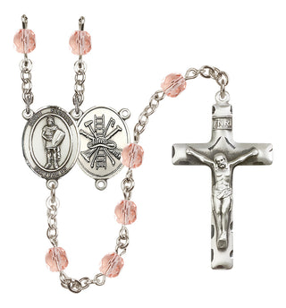 Silver Plated 6mm Fire Polished Saint Florian/Firefighter Rosary in Pink