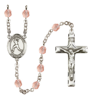 Silver Plated 6mm Fire Polished Saint Christopher/Softball Rosary in Pink