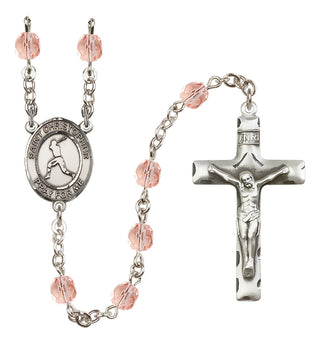 Silver Plated 6mm Fire Polished Saint Christopher/Baseball Rosary in Pink