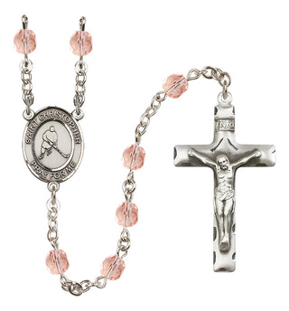 Silver Plated 6mm Fire Polished Saint Christopher/Ice Hockey Rosary in Pink