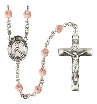 Silver Plated 6mm Fire Polished Saint Sebastian/Baseball Rosary in Pink