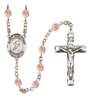 Silver Plated 6mm Fire Polished Saint Sebastian/Soccer Rosary in Pink