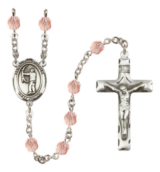 Silver Plated 6mm Fire Polished Saint Christopher/Archery Rosary in Pink