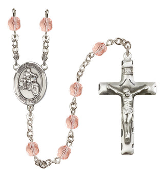 Silver Plated 6mm Fire Polished Saint Sebastian / Motorcycle Rosary in Pink