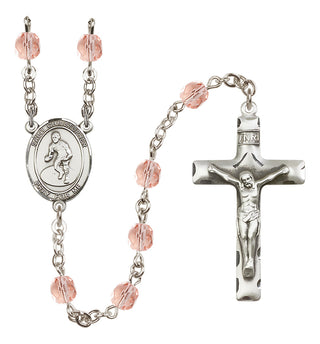 Silver Plated 6mm Fire Polished Saint Christopher/Wrestling Rosary in Pink