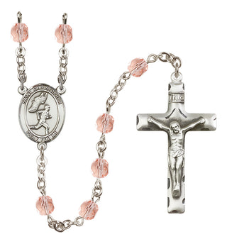 Silver Plated 6mm Fire Polished Saint Christopher/Track&Field-Men Rosary in Pink