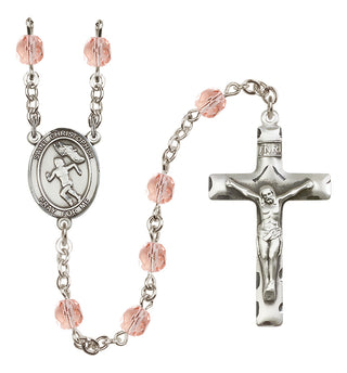 Silver Plated 6mm Fire Polished Saint Christopher/Track&Field-Women Rosary in Pink