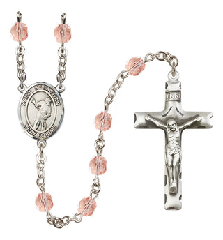 Silver Plated 6mm Fire Polished Saint Sebastian/Lacrosse Rosary in Pink