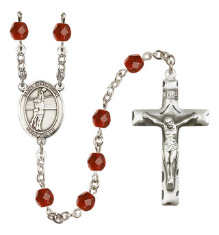 Silver Plated 6mm Fire Polished Saint Sebastian / Volleyball Rosary in Ruby