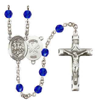 Silver Plated 6mm Fire Polished Saint George / Nat'l Guard Rosary in Sapphire