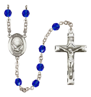 Silver Plated 6mm Fire Polished Holy Spirit Rosary in Sapphire
