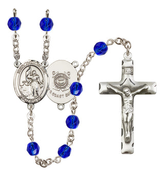 Silver Plated 6mm Fire Polished Saint Joan of Arc /Coast Guard Rosary in Sapphire
