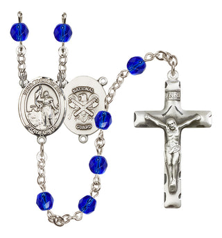 Silver Plated 6mm Fire Polished Saint Joan of Arc / Nat'l Guard Rosary in Sapphire