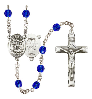 Silver Plated 6mm Fire Polished Saint Michael / Nat'l Guard Rosary in Sapphire