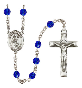 Silver Plated 6mm Fire Polished Saint Scholastica Rosary in Sapphire