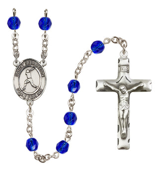 Silver Plated 6mm Fire Polished Saint Sebastian/Baseball Rosary in Sapphire