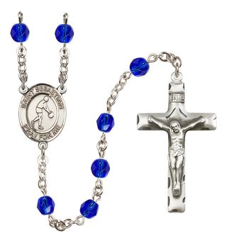 Silver Plated 6mm Fire Polished Saint Sebastian/Basketball Rosary in Sapphire