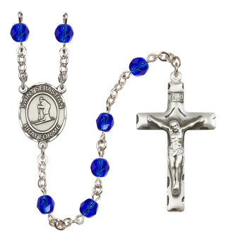 Silver Plated 6mm Fire Polished Saint Sebastian/Skiing Rosary in Sapphire