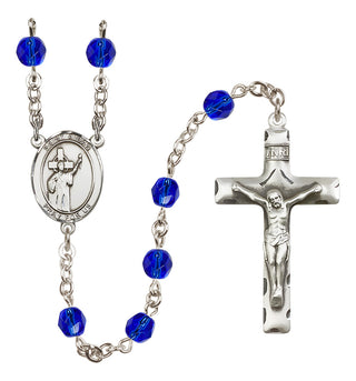 Silver Plated 6mm Fire Polished Saint Aidan of Lindesfarne Rosary in Sapphire