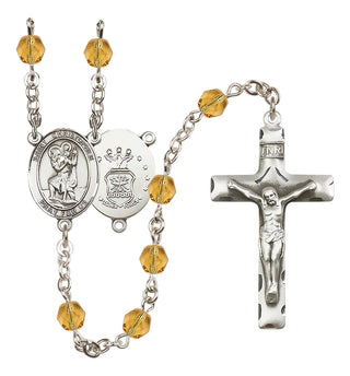 Silver Plated 6mm Fire Polished Saint Christopher / Air Force Rosary in Topaz