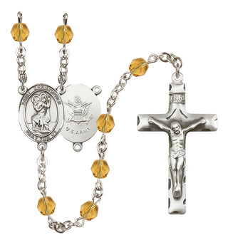Silver Plated 6mm Fire Polished Saint Christopher / Army Rosary in Topaz