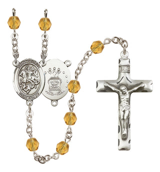 Silver Plated 6mm Fire Polished Saint George / Air Force Rosary in Topaz