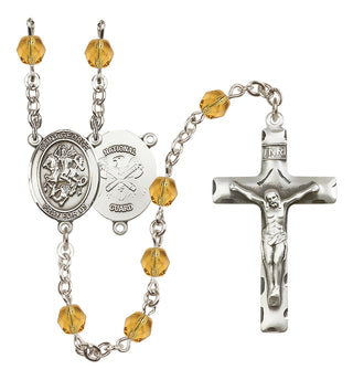 Silver Plated 6mm Fire Polished Saint George / Nat'l Guard Rosary in Topaz