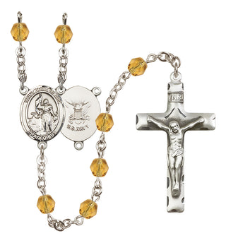 Silver Plated 6mm Fire Polished Saint Joan of Arc / Navy Rosary in Topaz