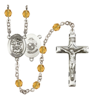 Silver Plated 6mm Fire Polished Saint Michael / Marines Rosary in Topaz