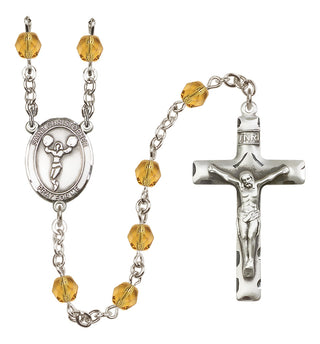 Silver Plated 6mm Fire Polished Saint Christopher/Cheerleading Rosary in Topaz