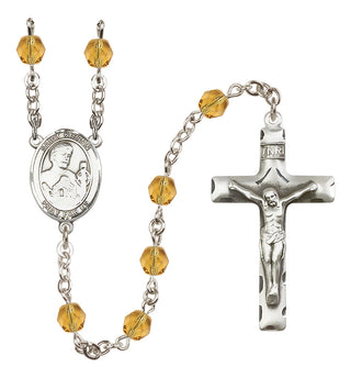 Silver Plated 6mm Fire Polished Saint Kieran Rosary in Topaz