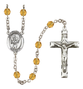 Silver Plated 6mm Fire Polished Saint Christopher/Baseball Rosary in Topaz