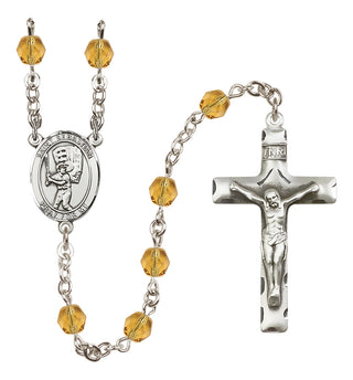 Silver Plated 6mm Fire Polished Saint Sebastian / Baseball Rosary in Topaz
