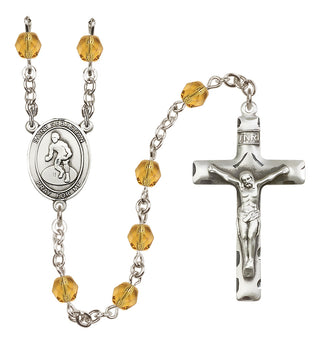 Silver Plated 6mm Fire Polished Saint Sebastian/Wrestling Rosary in Topaz