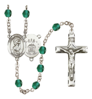 Silver Plated 6mm Fire Polished Saint Christopher / Air Force Rosary in Zircon
