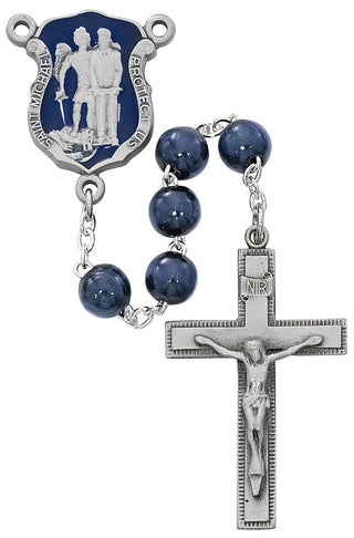 Blue Wood Saint Michael Badge Rosary