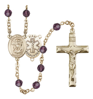 14 Karat Gold-Filled 6mm Austrian Crystal Saint Michael/1St Responder Rosary in Amethyst