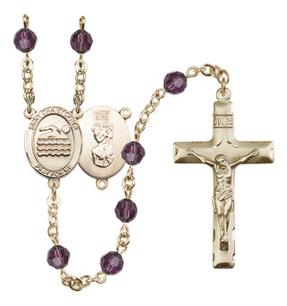 14 Karat Gold-Filled 6mm Austrian Crystal Saint Christopher/Swimming Rosary in Amethyst