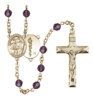 14 Karat Gold 6mm Austrian Crystal Saints Cosmas & Damian / Doctors Rosary in Amethyst
