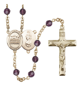 14 Karat Gold 6mm Austrian Crystal Saint Christopher/Swimming Rosary in Amethyst
