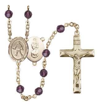 14 Karat Gold 6mm Austrian Crystal Saint Christopher / Field Hockey Rosary in Amethyst