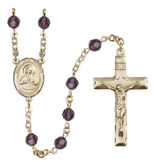14 Karat Gold 6mm Austrian Crystal Saint John Vianney Rosary in Amethyst