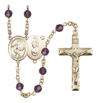 14 Karat Gold 6mm Austrian Crystal Saint Christopher/Soccer Rosary in Amethyst
